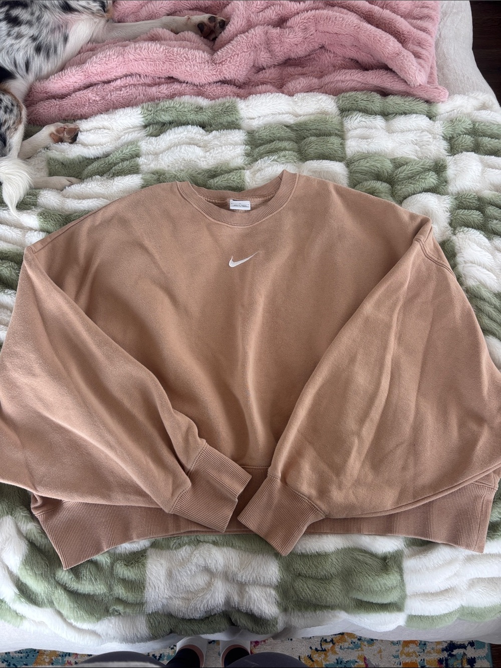 Nike Cropped Crewneck Sweatshirt in Beige with White Swoosh
